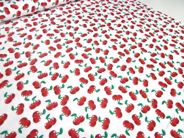 Stoff Baumwolle Jersey Kirschen Design weiß rot grün Kleiderstoff Kinderstoff