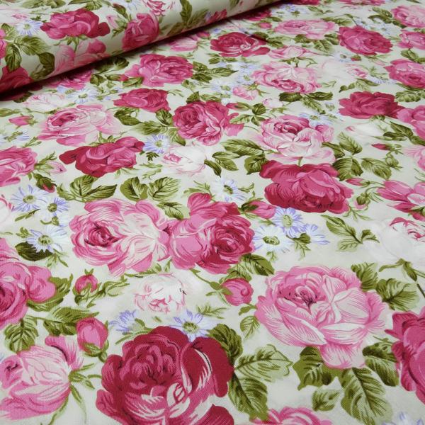 Stoff Baumwolle Popeline Rosen Blumen Design pink rosa grün blau weiß Kleiderstoff Blusenstoff Dekostoff