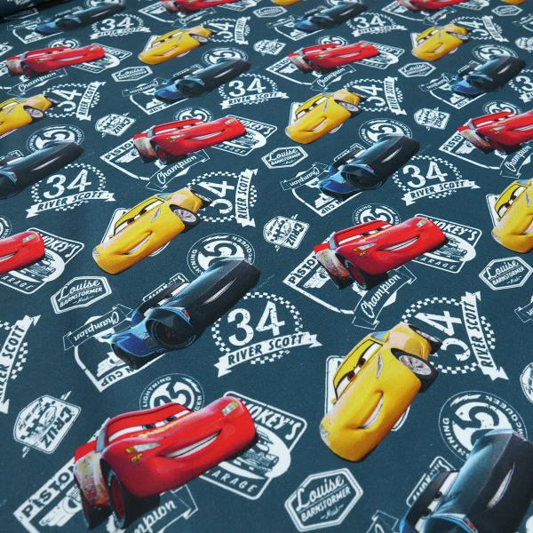 Cotton jersey fabric with Disney Cars Lightning McQueen River Scott design, gray, red, yellow, white, colorful, clothing fabric, children's fabric, licensed fabric