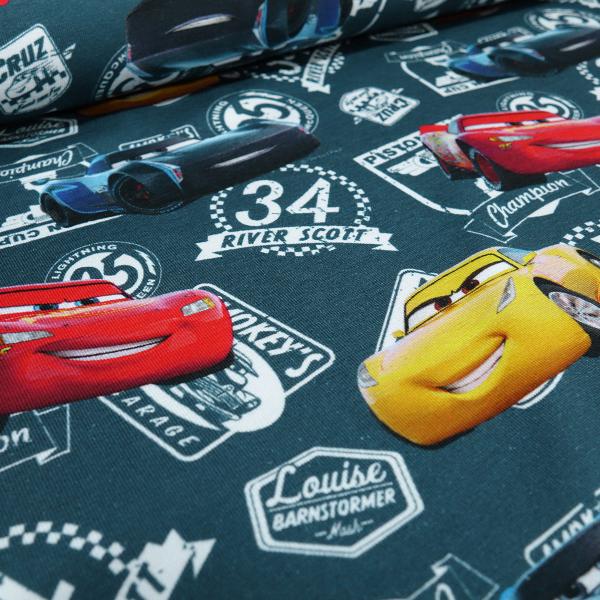 Cotton jersey fabric with Disney Cars Lightning McQueen River Scott design, gray, red, yellow, white, colorful, clothing fabric, children's fabric, licensed fabric