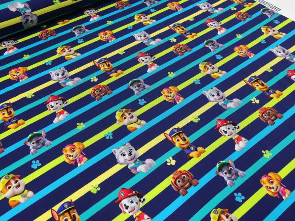 Fabric cotton jersey license print Paw Patrol dark blue colorful striped children's fabric dress fabric