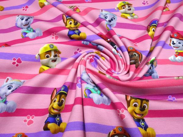 Stoff Baumwolle Jersey Lizenzdruck Paw Patrol rosa pink bunt gestreift Kinderstoff Kleiderstoff