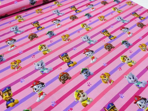 Stoff Baumwolle Jersey Lizenzdruck Paw Patrol rosa pink bunt gestreift Kinderstoff Kleiderstoff
