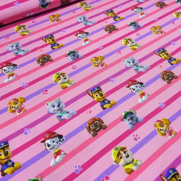 Fabric cotton jersey license print Paw Patrol pink colorful striped children's fabric dress fabric