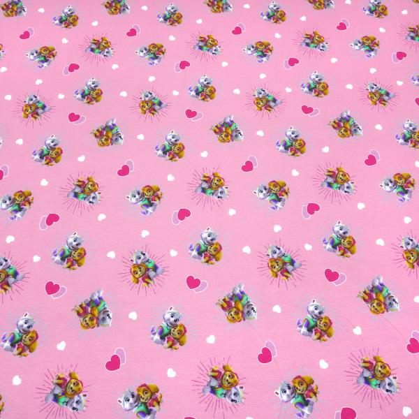 Fabric cotton jersey license print Paw Patrol hearts pink colorful children's fabric dress fabric