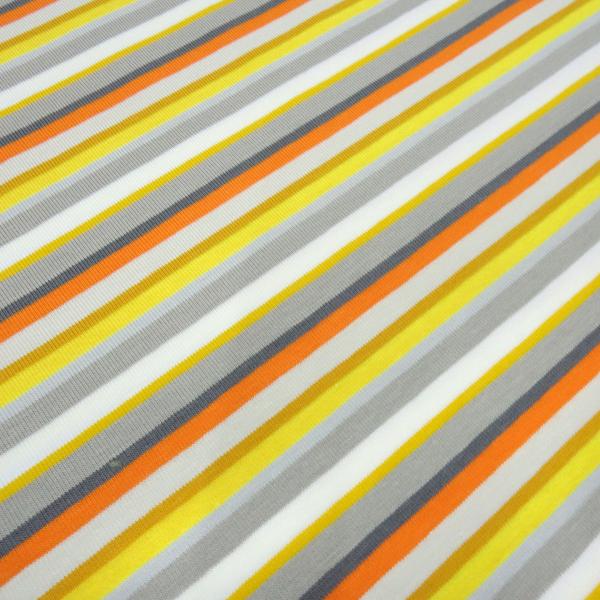 Stoff Baumwolle Jersey mit bunten Streifen Design gelb orange weiß grau taupé bunt gestreift Kleiderstoff Kinderstoff