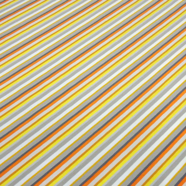 Stoff Baumwolle Jersey mit bunten Streifen Design gelb orange weiß grau taupé bunt gestreift Kleiderstoff Kinderstoff