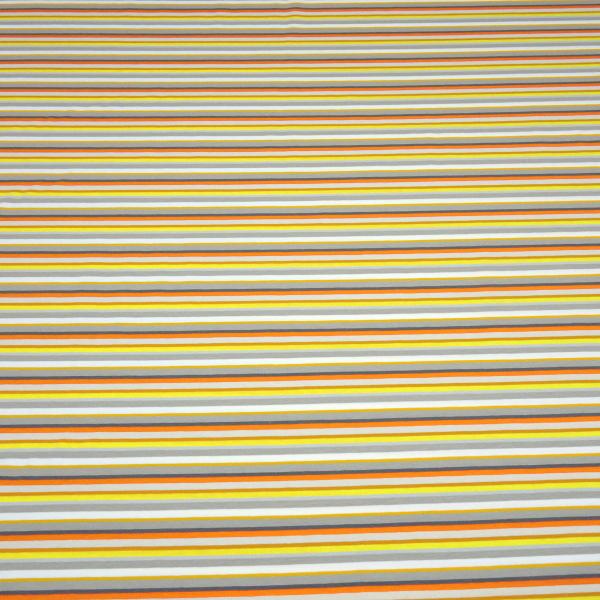 Stoff Baumwolle Jersey mit bunten Streifen Design gelb orange weiß grau taupé bunt gestreift Kleiderstoff Kinderstoff