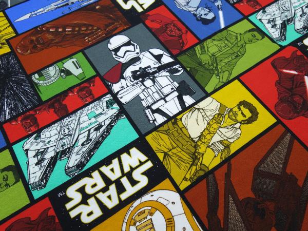 Fabric cotton jersey with Star Wars comic design red yellow green colorful children's fabric dress fabric