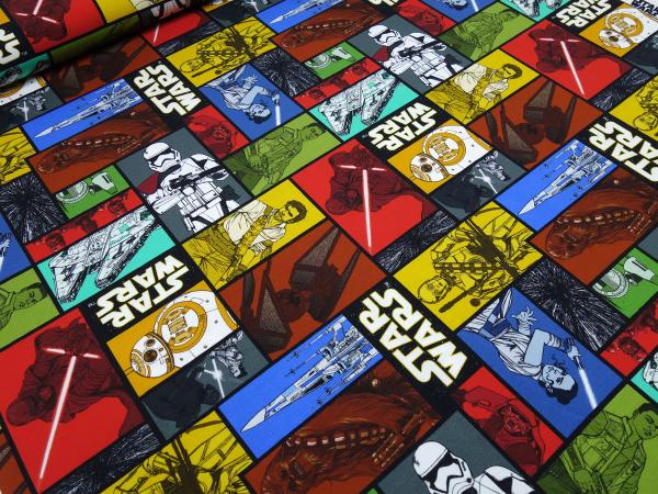 Fabric cotton jersey with Star Wars comic design red yellow green colorful children's fabric dress fabric