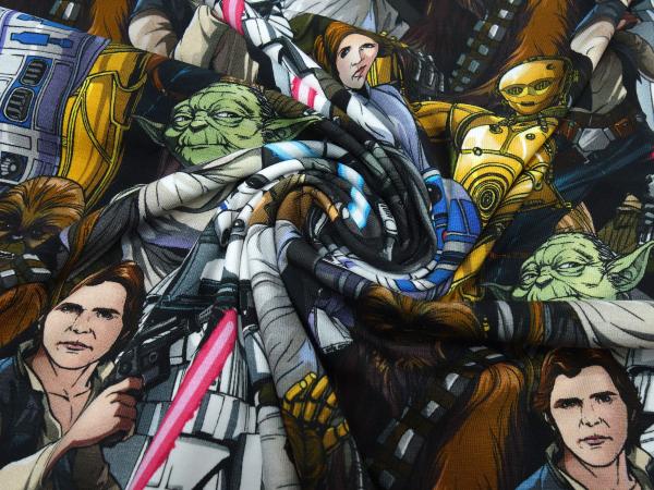 Stoff Baumwolle Jersey mit Star Wars 2 Comic Figuren Design schwarz weiß bunt Kinderstoff Kleiderstoff