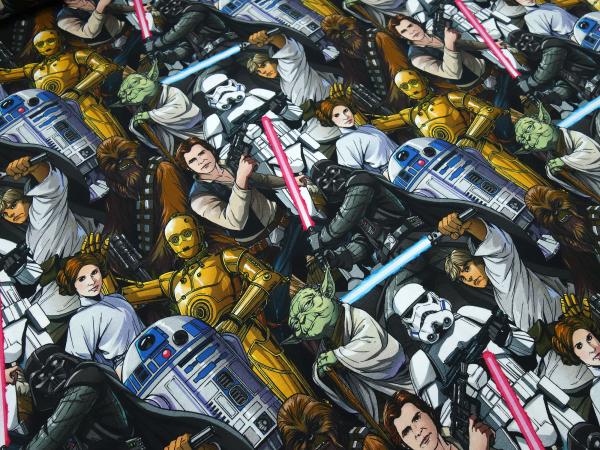 Stoff Baumwolle Jersey mit Star Wars 2 Comic Figuren Design schwarz weiß bunt Kinderstoff Kleiderstoff