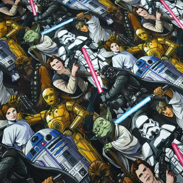 Stoff Baumwolle Jersey mit Star Wars 2 Comic Figuren Design schwarz weiß bunt Kinderstoff Kleiderstoff