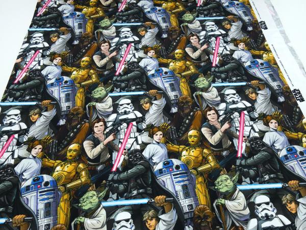 Stoff Baumwolle Jersey mit Star Wars 2 Comic Figuren Design schwarz weiß bunt Kinderstoff Kleiderstoff