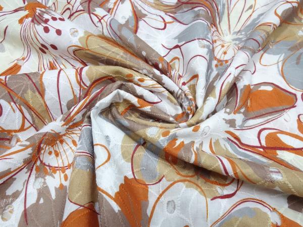 Stoff Baumwolle Lochstickerei Blumen weiss terracotta braun grau Blusenstoff Kleiderstoff