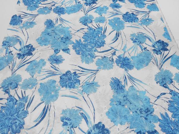 Fabric cotton perforated embroidery with floral pattern design white turquoise blue dress fabric blouse fabric