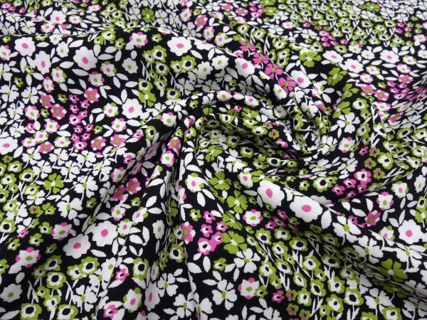 Stoff Viskose Blusenstoff mit Blumen Streublumen Design weiß schwarz grün rosa Kleiderstoff