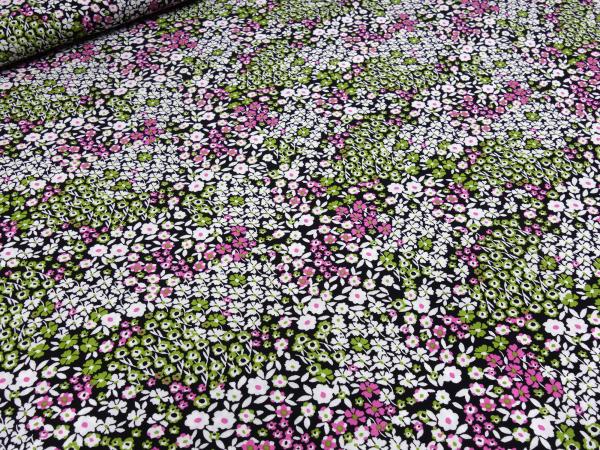 Stoff Viskose Blusenstoff mit Blumen Streublumen Design weiß schwarz grün rosa Kleiderstoff