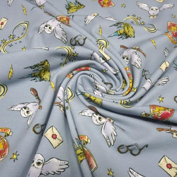 Fabric cotton jersey license print Harry Potter Hedwig owl grey blue red grey colorful children's fabric dress fabric