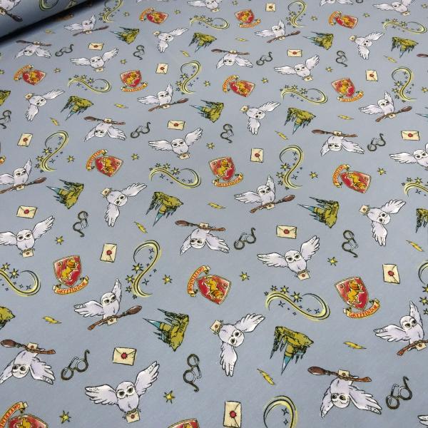 Fabric cotton jersey license print Harry Potter Hedwig owl grey blue red grey colorful children's fabric dress fabric