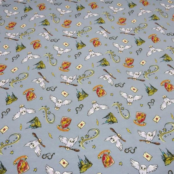 Fabric cotton jersey license print Harry Potter Hedwig owl grey blue red grey colorful children's fabric dress fabric
