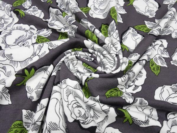 Stoff Viskose Jersey Blumen Rosen Design weiß taupé grün geblümt Kleiderstoff