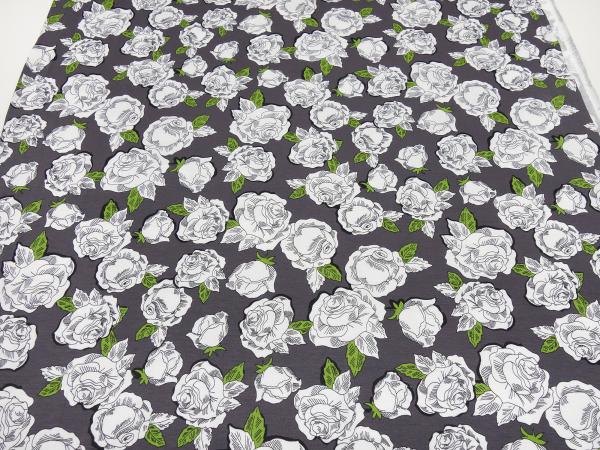 Stoff Viskose Jersey Blumen Rosen Design weiß taupé grün geblümt Kleiderstoff