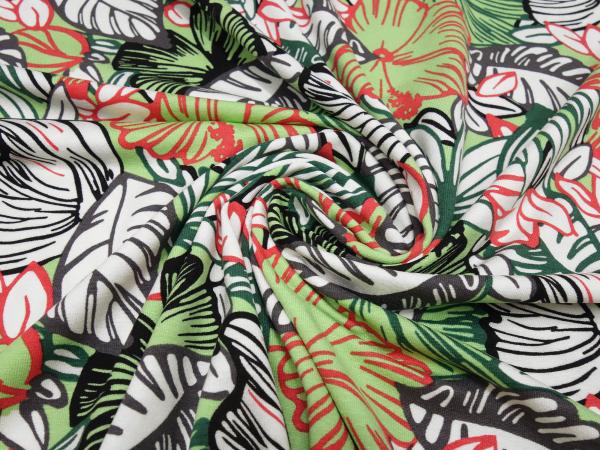 Stoff Viskose Jersey mit Blumen Blätter Design weiß grün rot grau schwarz Kleiderstoff