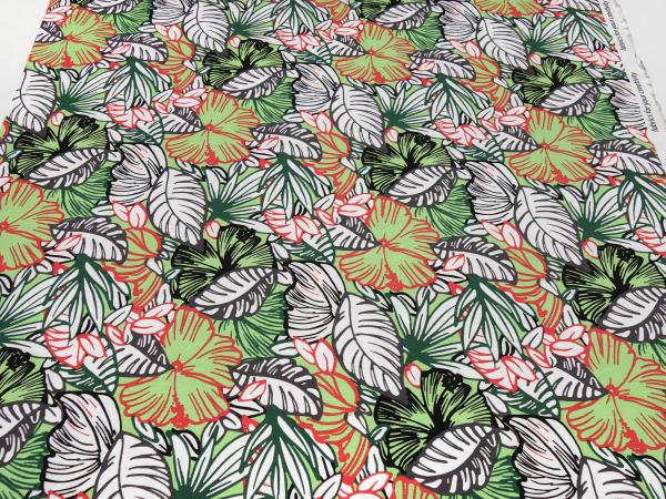 Stoff Viskose Jersey mit Blumen Blätter Design weiß grün rot grau schwarz Kleiderstoff