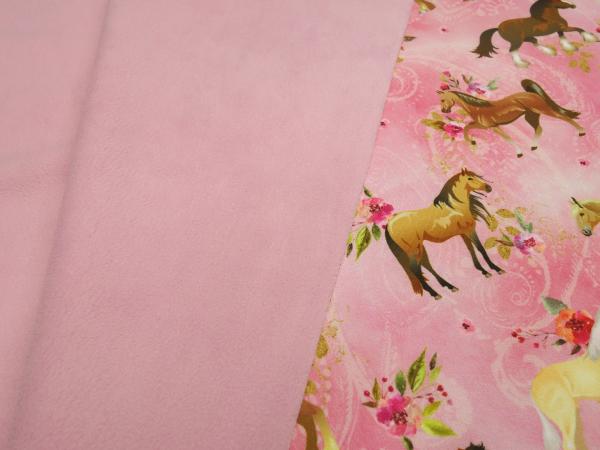 Stoff Softshell Stoff mit Pferde Pony Blumen Design rosa pink braun beige bunt wasserabweisend Outdoorstoff Jackenstoff Mantelstoff Kinderstoff