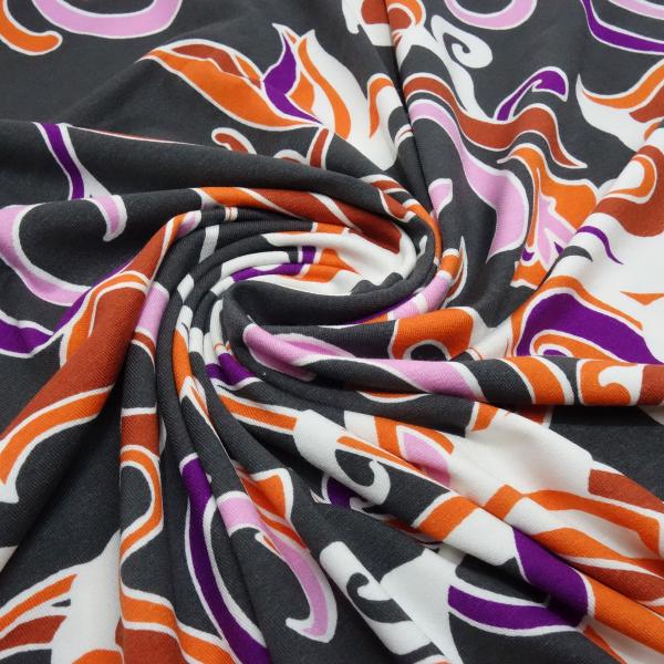 Stoff Viskose Jersey Blumenmuster Design grau orange lila rosa weiß Kleiderstoff