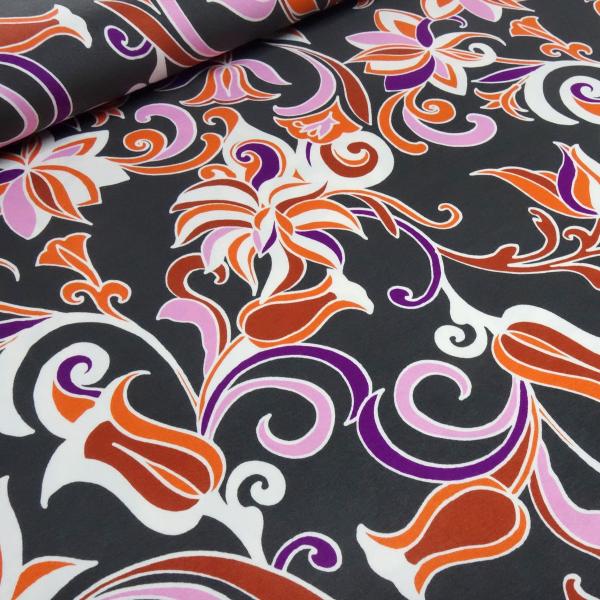 Stoff Viskose Jersey Blumenmuster Design grau orange lila rosa weiß Kleiderstoff