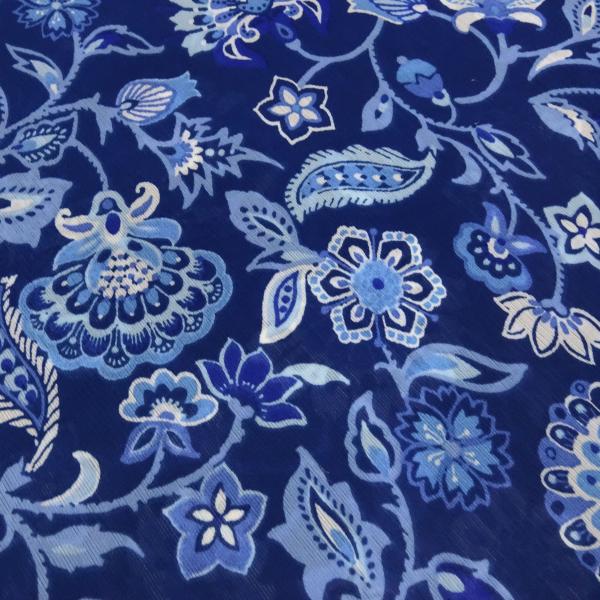 Stoff Yoryu Chiffon Crinkle Blumenmuster Design blau royalblau weiss Blusenstoff Kleiderstoff