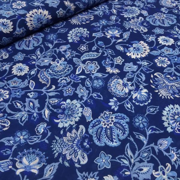 Stoff Yoryu Chiffon Crinkle Blumenmuster Design blau royalblau weiss Blusenstoff Kleiderstoff
