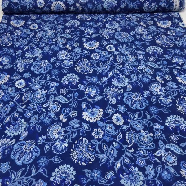 Stoff Yoryu Chiffon Crinkle Blumenmuster Design blau royalblau weiss Blusenstoff Kleiderstoff