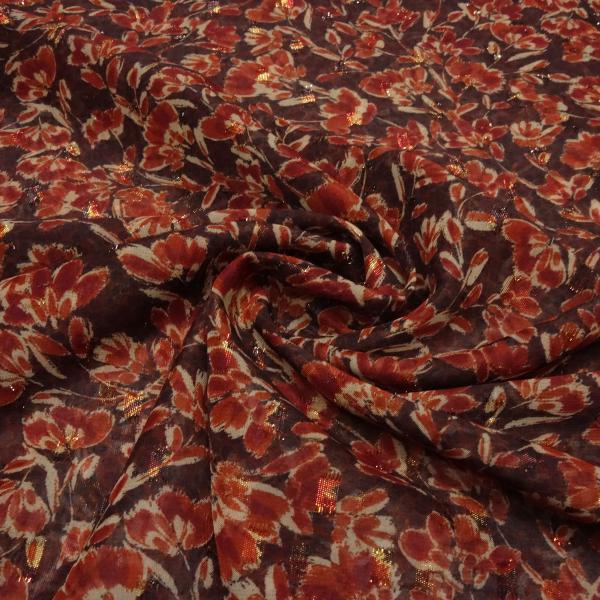 Fabric chiffon lurex blouse fabric with floral pattern design bordeaux copper-rust beige dress fabric