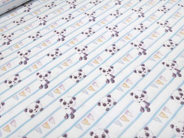 Stoff Baumwolle Jersey mit Panda Bär Streifen Design weiss blau schwarz bunt Kinderstoff Kleiderstoff