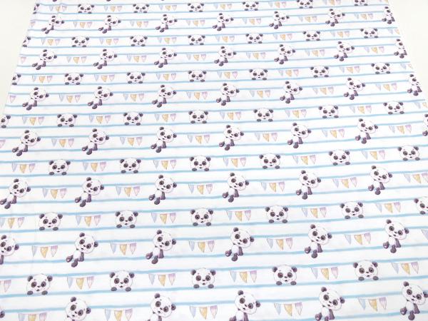 Stoff Baumwolle Jersey mit Panda Bär Streifen Design weiss blau schwarz bunt Kinderstoff Kleiderstoff