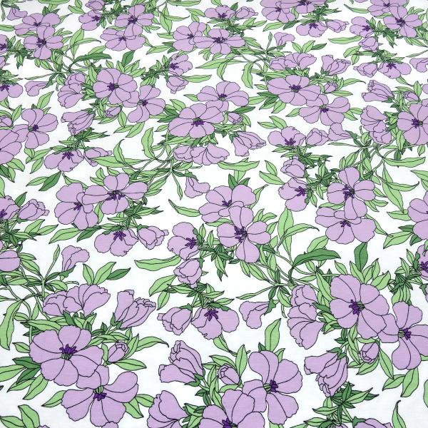 Fabric viscose jersey with floral pattern tendrils blossom design white lilac green dress fabric children's fabric