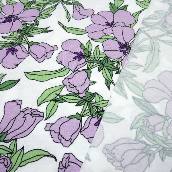 Fabric viscose jersey with floral pattern tendrils blossom design white lilac green dress fabric children's fabric