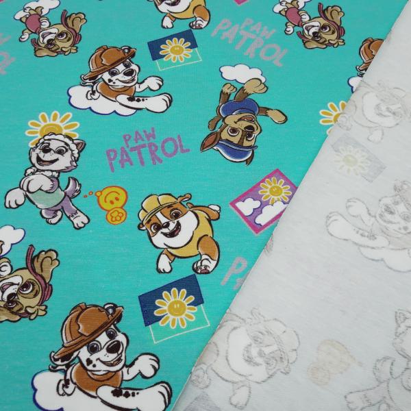 Stoff Baumwolle Jersey Lizenzdruck Paw Patrol 2 türkis braun weiß gelb bunt Kinderstoff Kleiderstoff