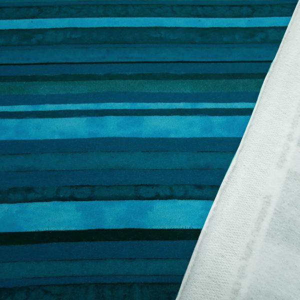 Fabric cotton sweatshirt fabric with striped design in teal, blue, and turquoise children's clothing fabric