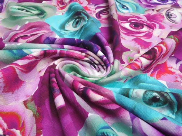 Stoff Baumwolle Jersey Rosen Blüten Augen Design pink rosa grün türkis weiß Kleiderstoff Kinderstoff