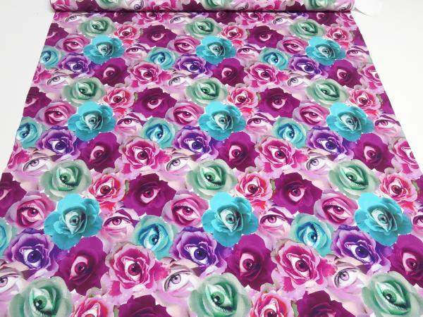 Stoff Baumwolle Jersey Rosen Blüten Augen Design pink rosa grün türkis weiß Kleiderstoff Kinderstoff