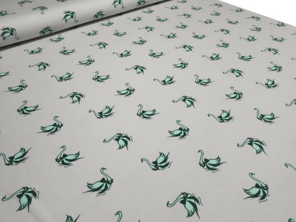 Fabric cotton jersey swan birds gray mint green white dress fabric