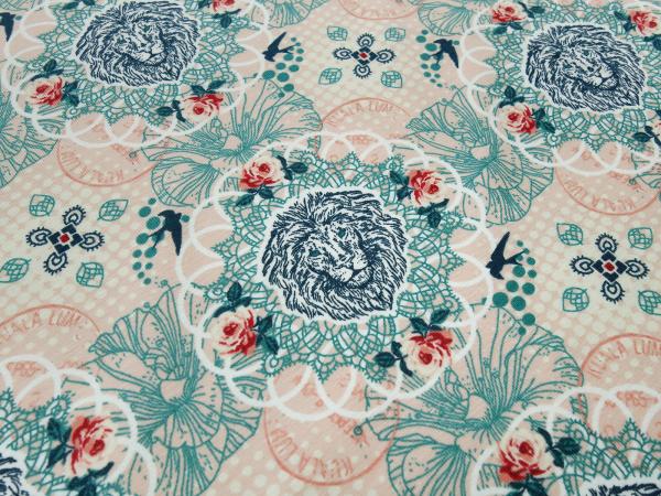 Fabric Tante Ema cotton jersey lion love apriko mint green colorful dress fabric children's fabric