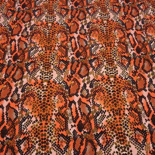 Stoff Viskose Jersey mit Schlangen Tierprint Design orange rosa schwarz braun bunt Kleiderstoff
