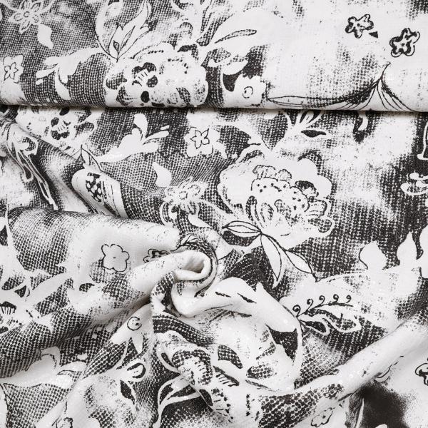 Stoff Blusenstoff mit abstrakten Blumenmuster Design weiß schwarz mit Pailletten Kleiderstoff