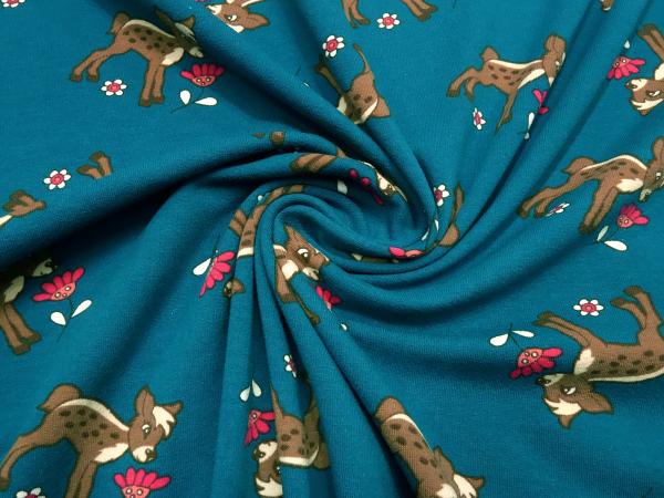 Fabric cotton jersey deer fawn flower design petrol brown red colorful children's fabric dress fabric
