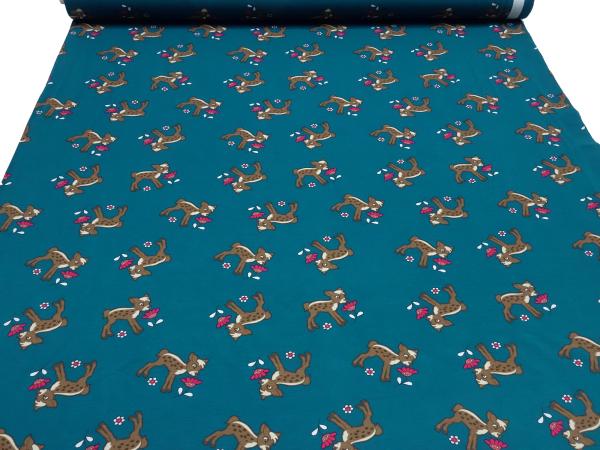 Fabric cotton jersey deer fawn flower design petrol brown red colorful children's fabric dress fabric